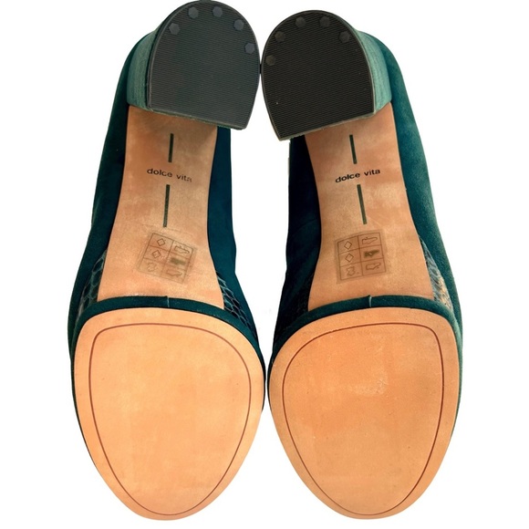 Dolce Vita Veile Suede Block Heels Platform Teal Green Faux Snake Skin Trim 10 - Picture 13 of 17